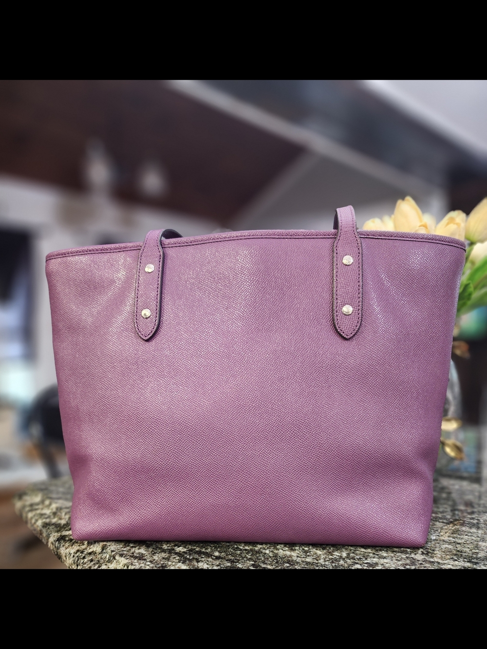COACH City Tote Purple Saffiano Leather With Bow Scarf- 12×10×5 - Picture 2 of 6